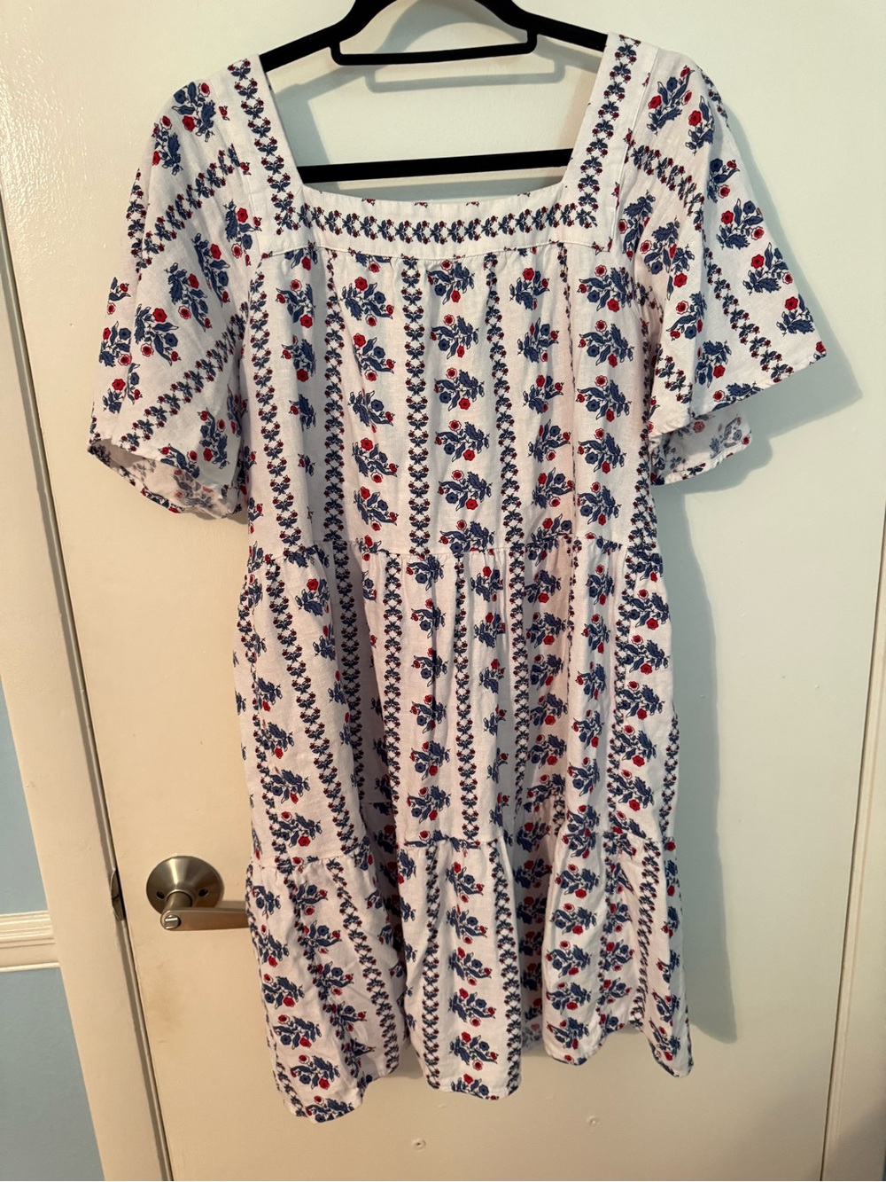 LOFT White Dress with Blue Leaves and Red Floral Accents